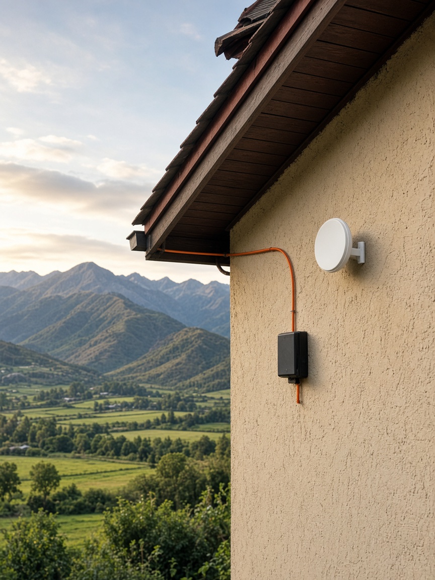 Casa en el valle con antena de cliente y cable de fibra óptica