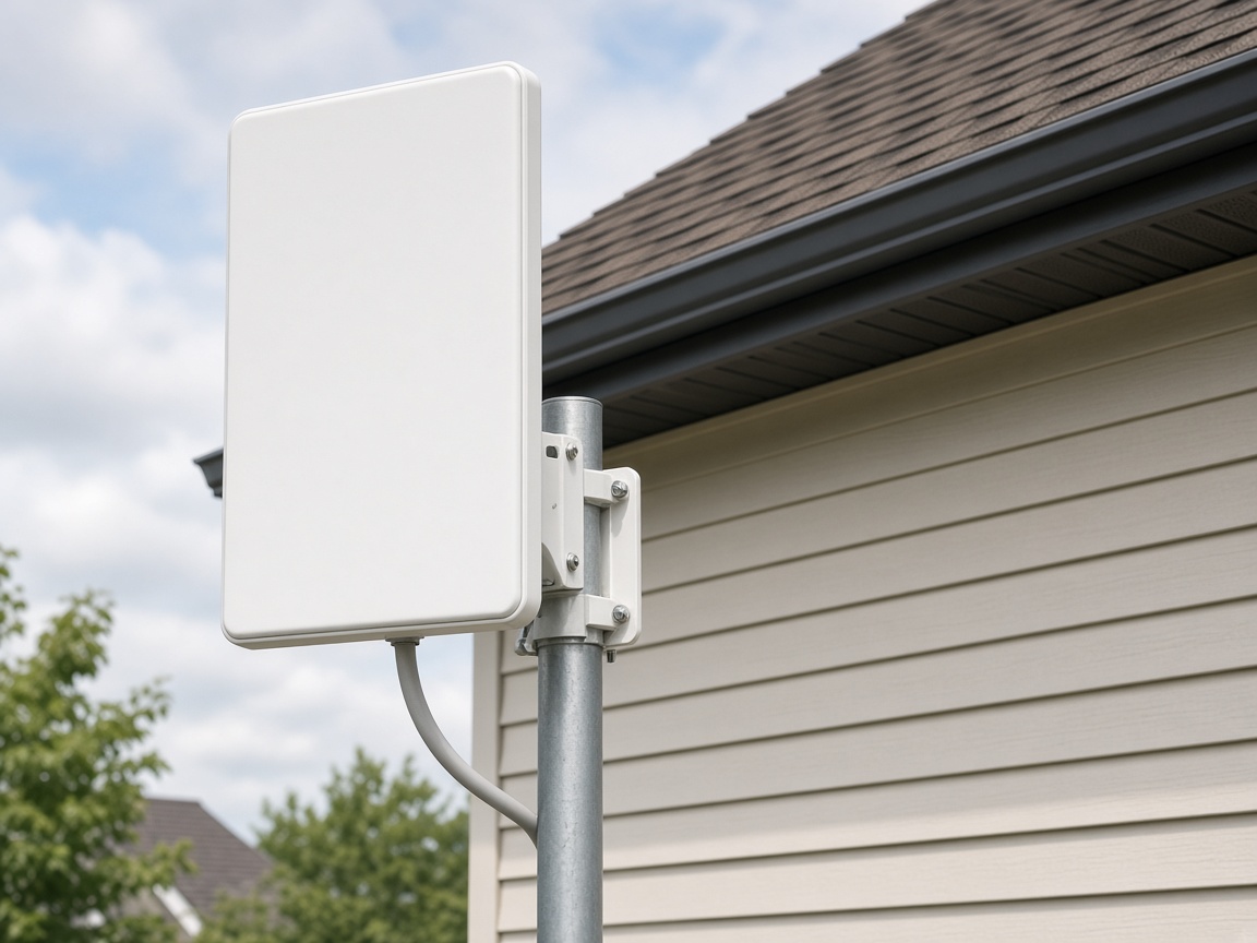 Referencia de antena de cliente tipo panel Cambium, montada en un poste junto a la casa