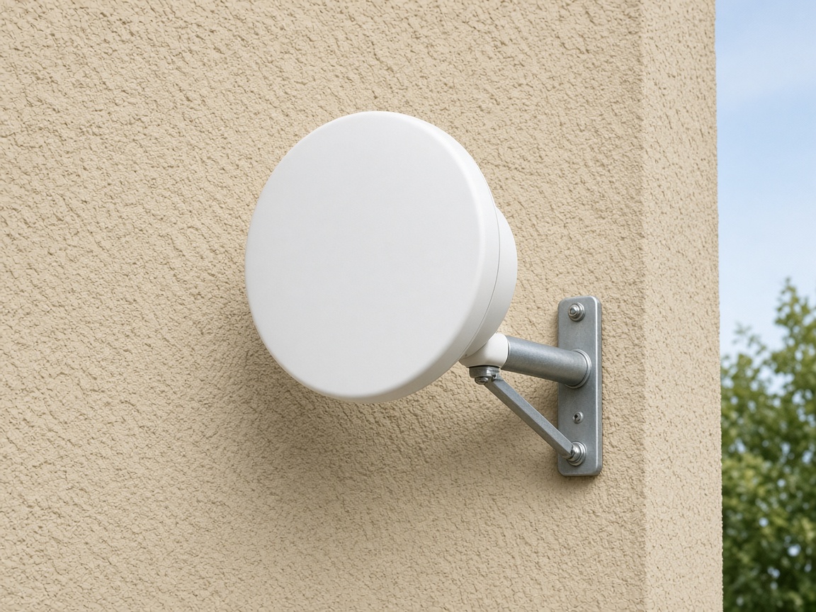 Referencia de antena de cliente tipo plato Ubiquiti, montada en un muro exterior