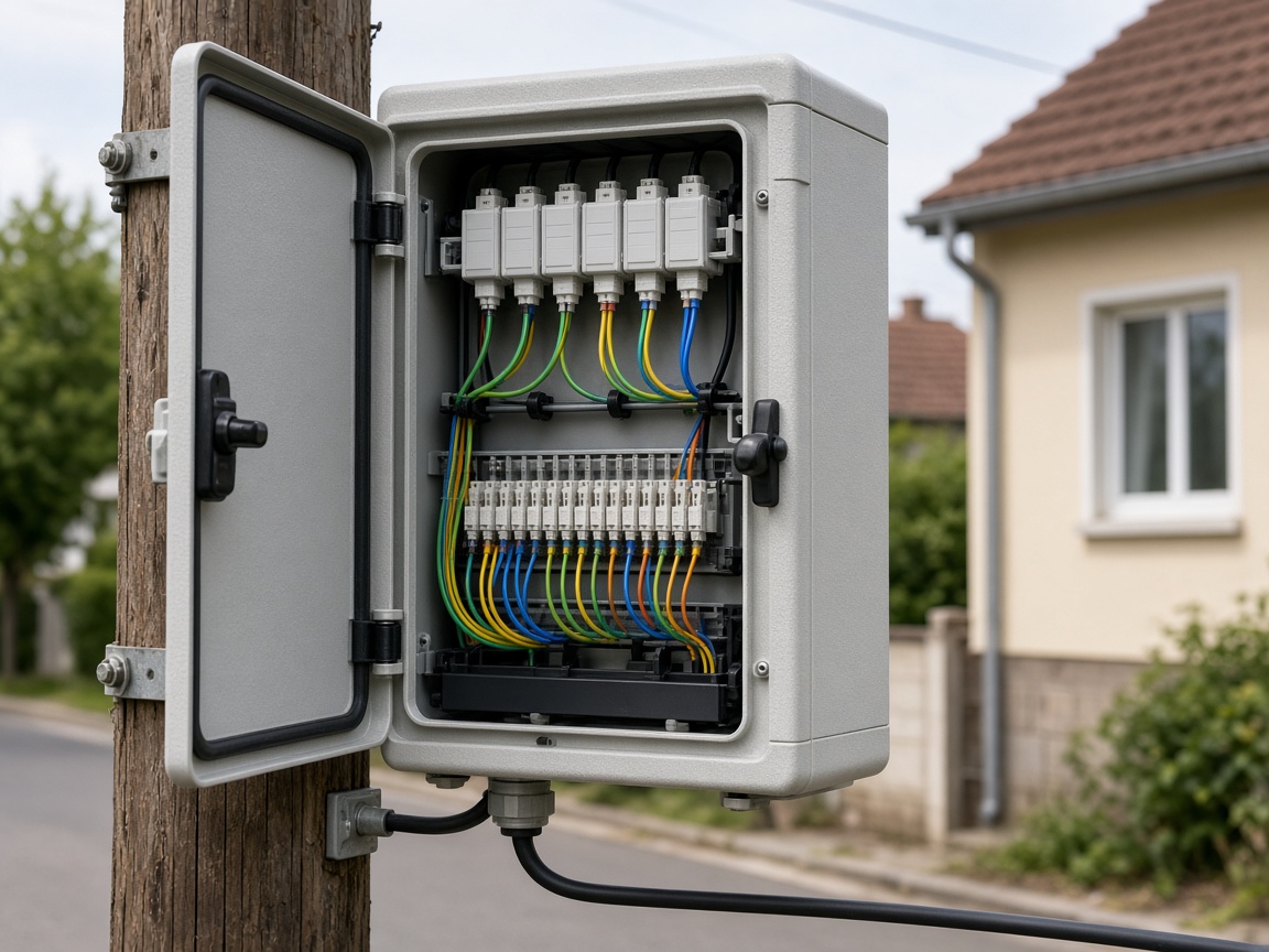 Caja de distribución de fibra óptica abierta en un poste, con splitters y cables de colores