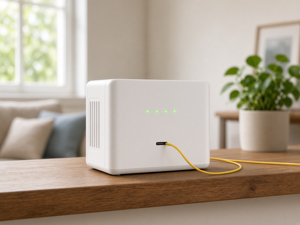 Equipo óptico GPON blanco en una repisa, con cable de fibra amarillo conectado