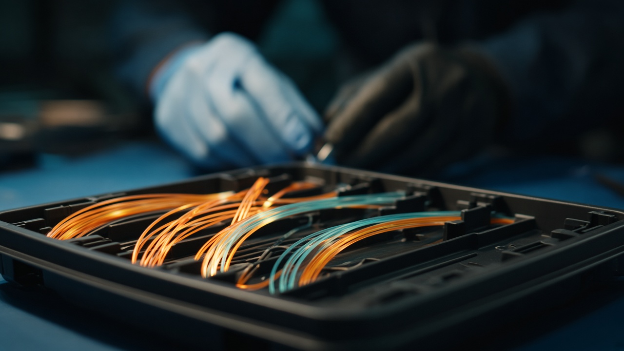 Bandeja de empalme con fibra óptica naranja y turquesa