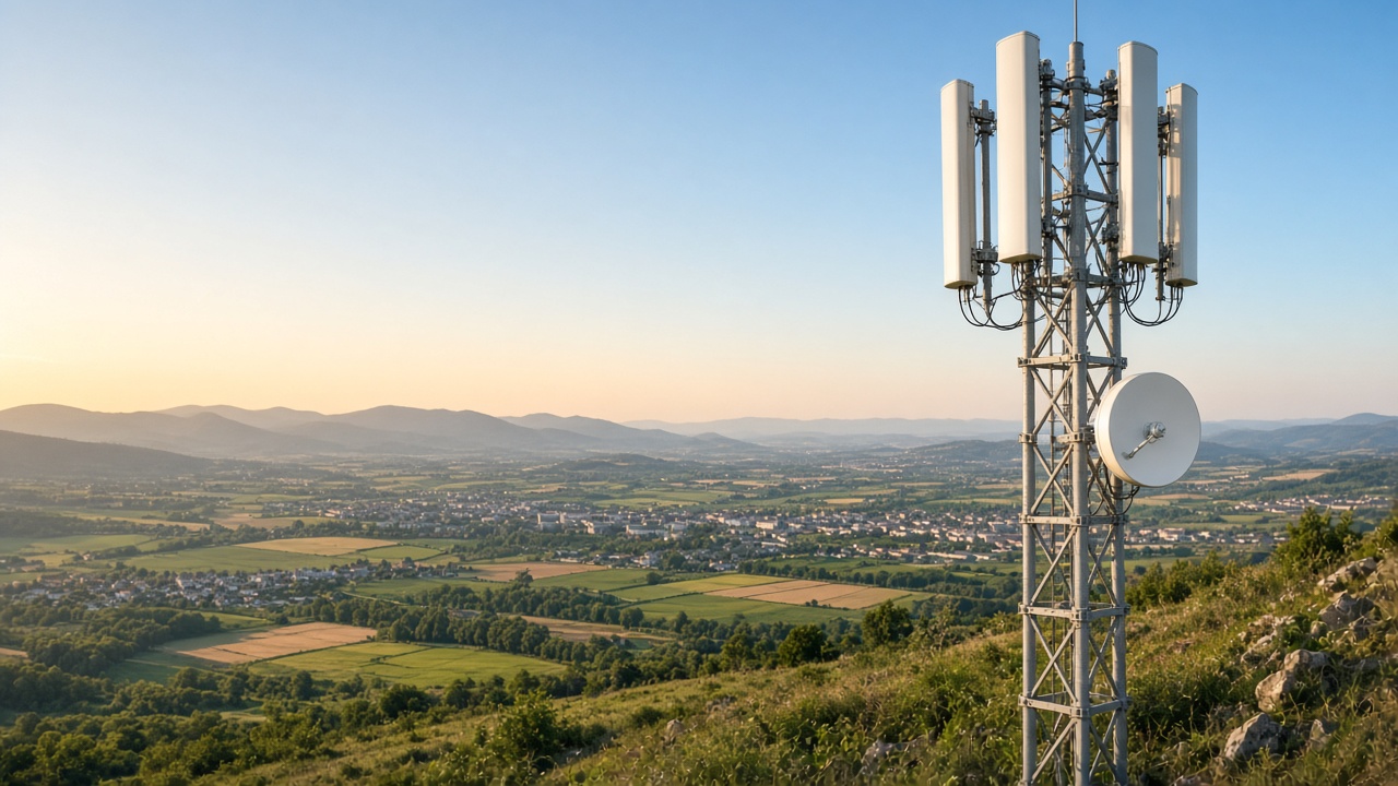 Torre con antenas sectoriales y plato sobre un valle