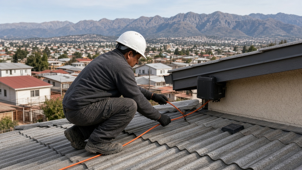Técnico instalando un cable de fibra en un techo residencial